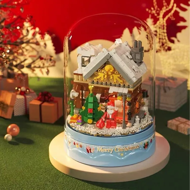 哲高积木圣诞礼物旋转音乐八音盒圣诞小屋女孩拼装积木