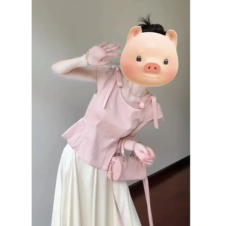 夏季甜美气质蝴蝶结缎面衬衫收腰飞袖花苞上衣缎面云朵花苞裙套装