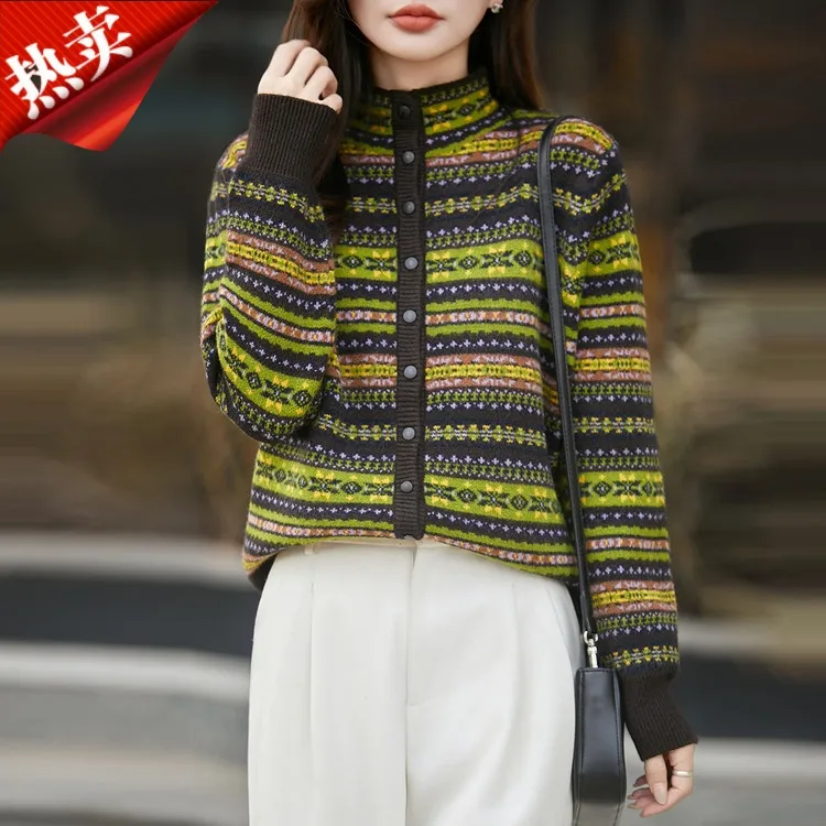 【羊毛】正品半高领复古费尔岛提花加厚针织衫提花毛衣开衫保暖上衣
