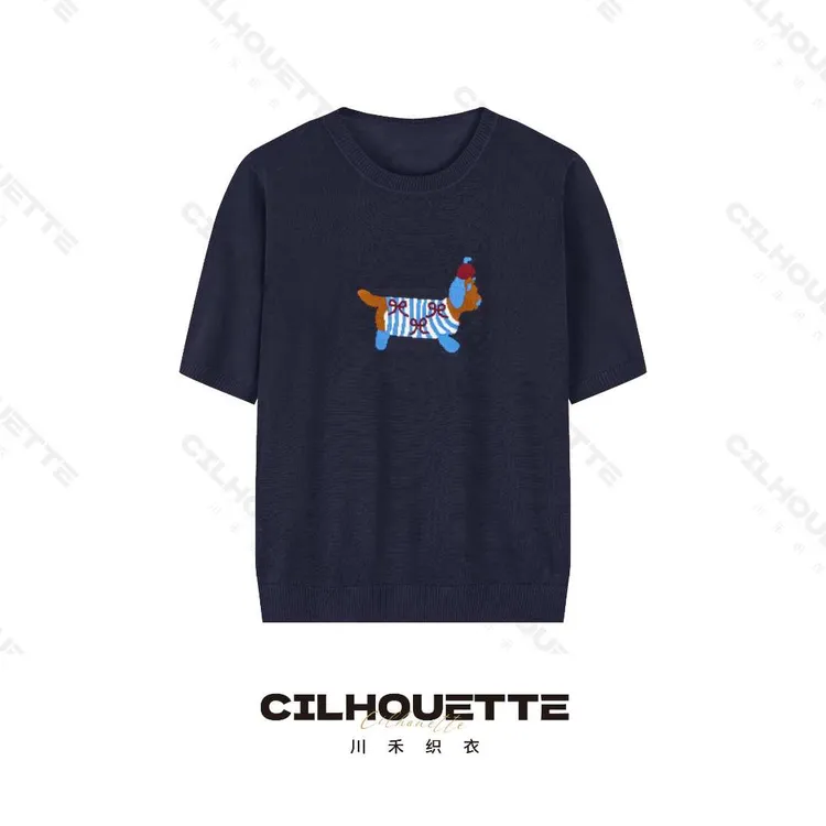 川禾织衣 早秋提花小狗五分袖圆领100纯兰精天丝时尚高端针织衫