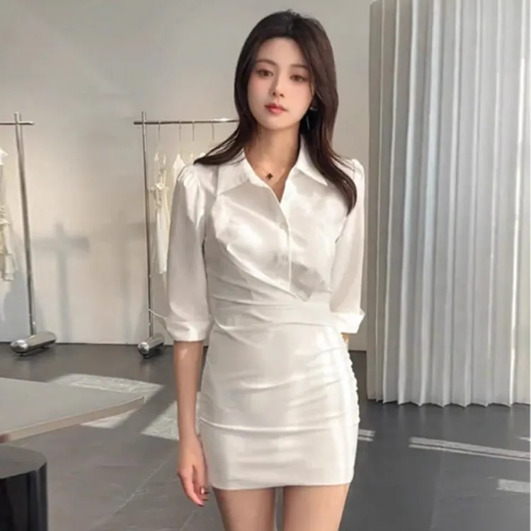 【喜妙】【白色】纯欲辣妹性感白色衬衫连衣裙2025新款包臀裙子D0537