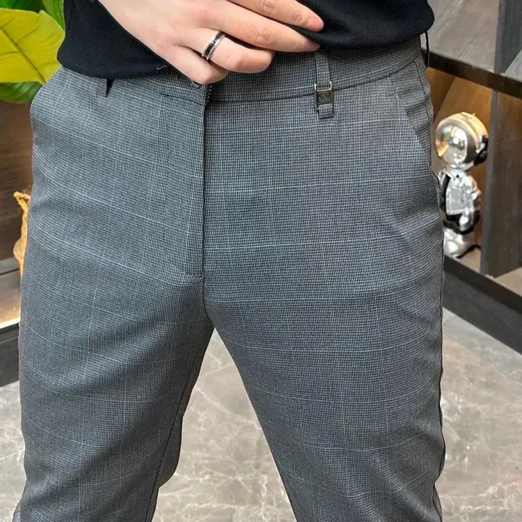 春秋休闲裤男士千鸟格西裤轻奢痞帅修身韩版免烫商务小脚裤子高端