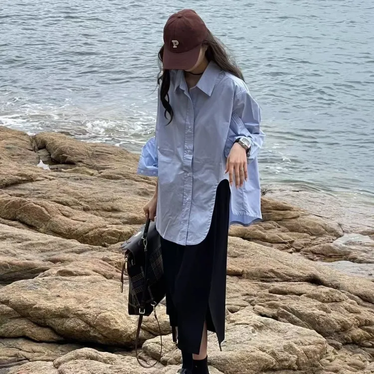 春夏新款小众设计感宽松蓝色衬衣+侧边开叉半身裙休闲两件套女