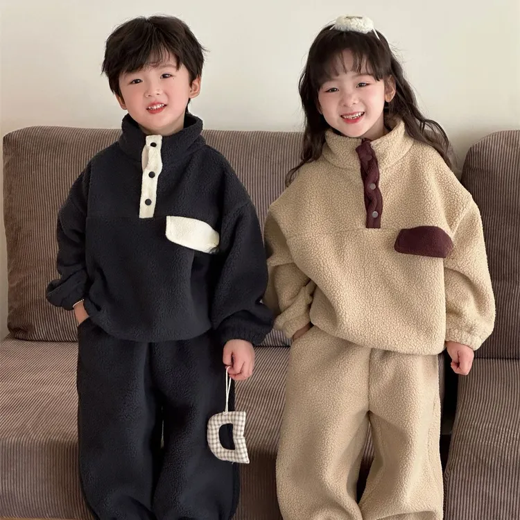 童装25新儿童秋冬外出奥粒绒加厚保暖韩版套装男女童套头两件套
