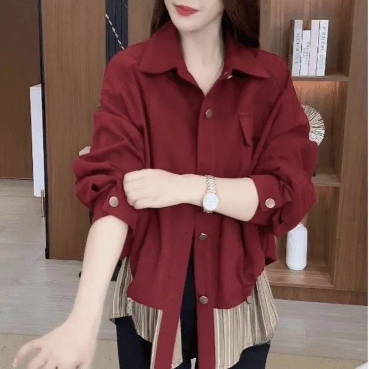 【红色预售】2025秋季新款设计感假两件拼接短外套女时尚减龄夹克衫