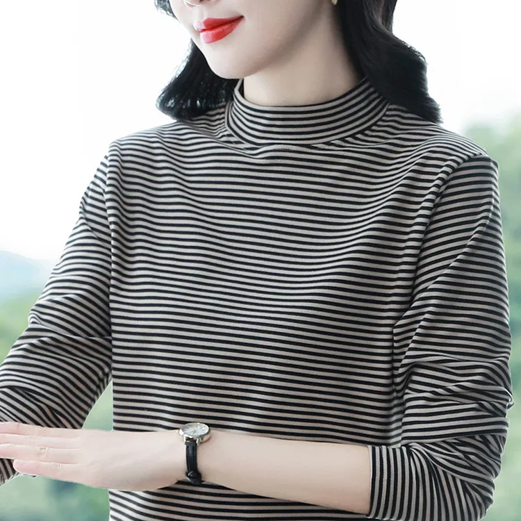 半高领双面德绒打底衫女新款秋冬洋气高档内搭保暖条纹长袖t恤