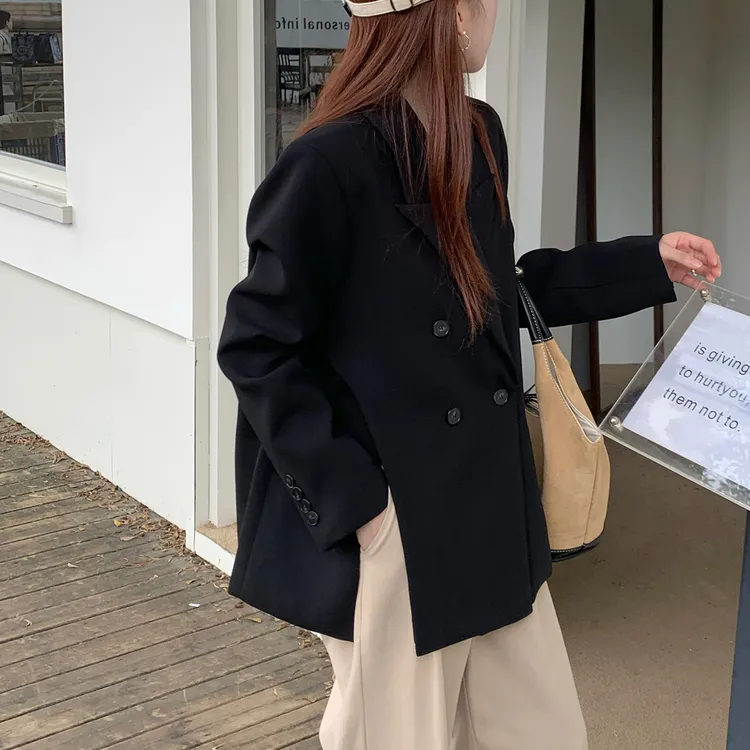 黑色西装外套女2025春秋新款韩版宽松显瘦设计感小众气质西服上衣