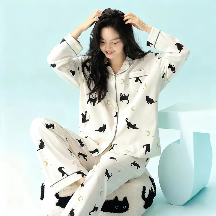 慵懒俏皮小猫卡通睡衣春秋季女装开衫长袖轻盈宽松女士家居服套装