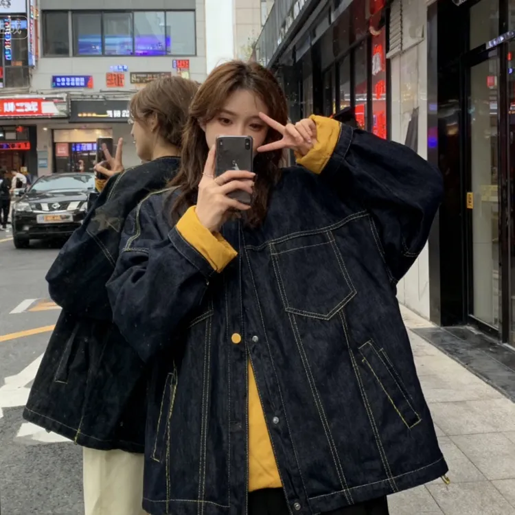 韩版时尚潮流休闲百搭撞色系牛仔棉服外套秋季棉衣加厚ins复古
