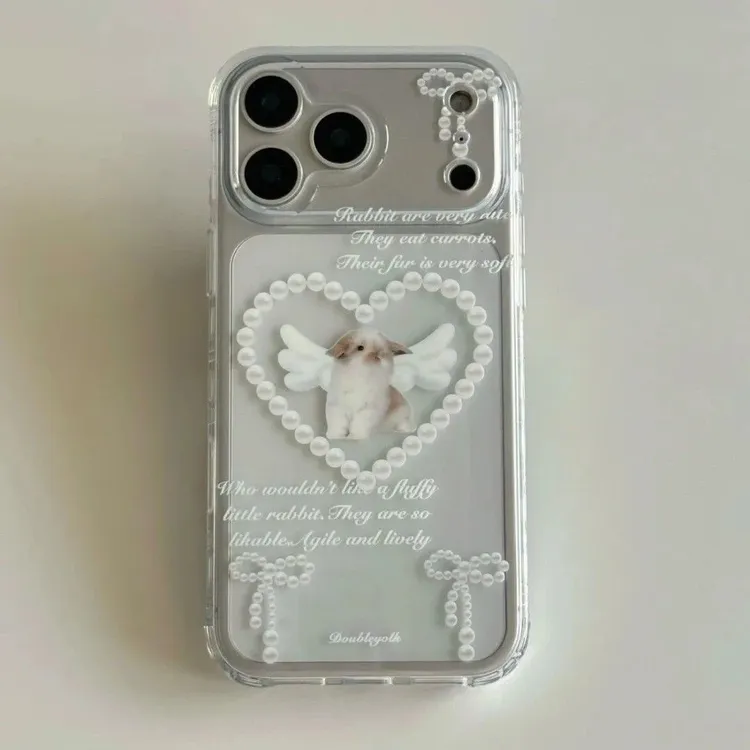ins韩系天使爱心兔子适用16/17Promax手机壳IP15透明太空壳14