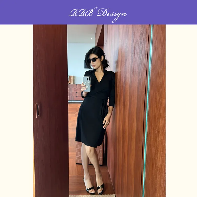 RRB Design「Wrap dress」修身显瘦V领绑带七分袖连衣裙气质中长裙