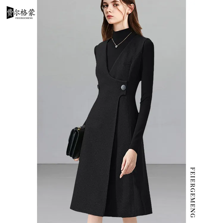 高档法式吊带连衣裙秋冬新款小黑裙轻奢修身背心马甲打底裙中长款