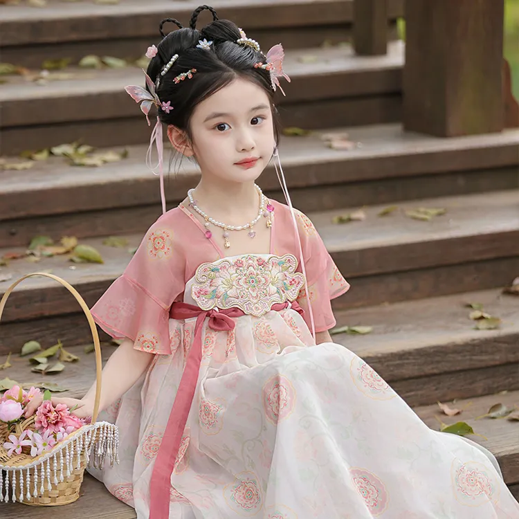 【桃桃半夏】汉服女童夏装宝宝中国风粉白仙气襦裙儿童中秋节日唐装