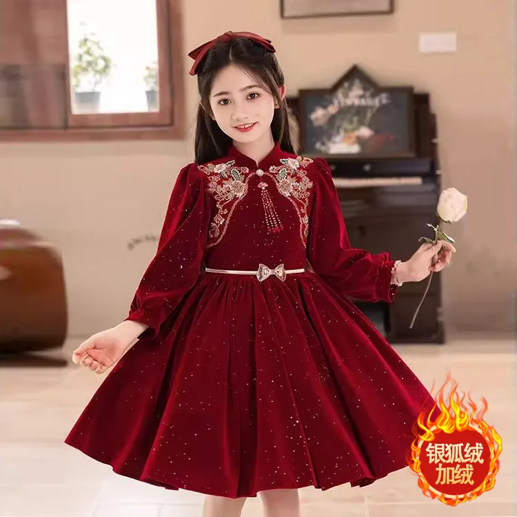 女童新中式拜年连衣裙秋冬加绒儿童裙子冬季保暖时髦洋气公主裙