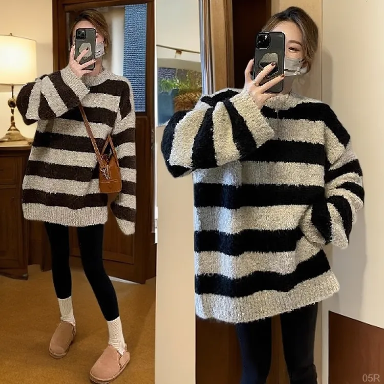 条纹长袖针织毛衣女2025春秋新款韩版宽松百搭软糯感圆领上衣