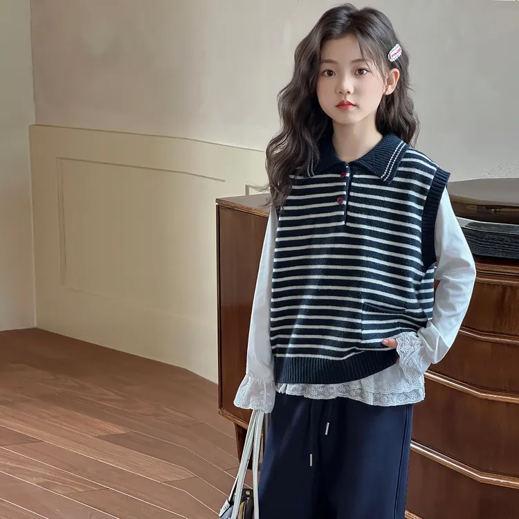 女童秋装马甲打底衫2025新款洋气时尚韩系POLO领条纹针织背心套装