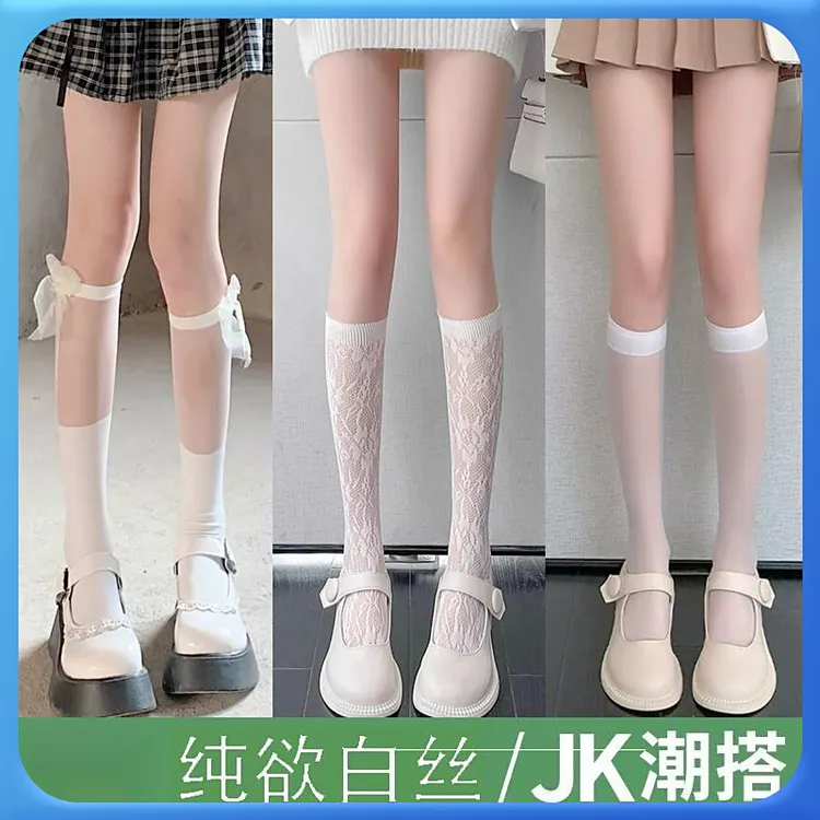 夏季拼接小腿袜子女可爱日系蕾丝及膝袜蝴蝶结透明黑色丝袜显瘦