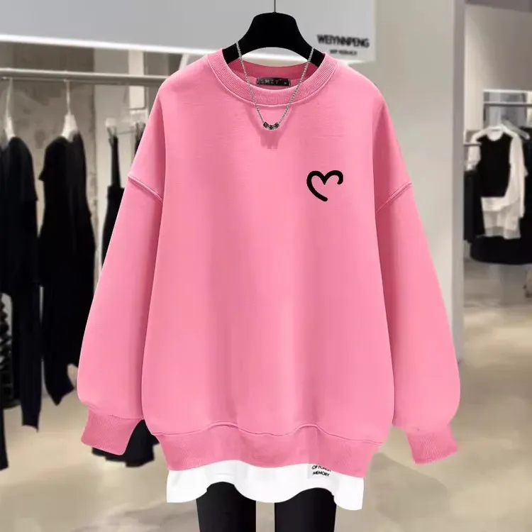 搭配鲨鱼裤假两件卫衣女加绒2025春秋冬季新款爱心印花中长款上衣