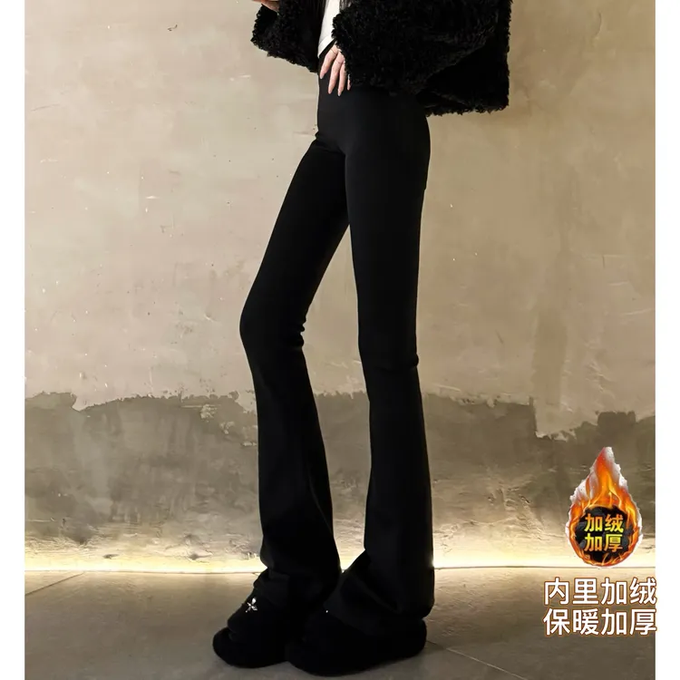 猫猫家加长女裤高个子黑色马蹄裤女高腰修身加绒打底微喇叭裤9018