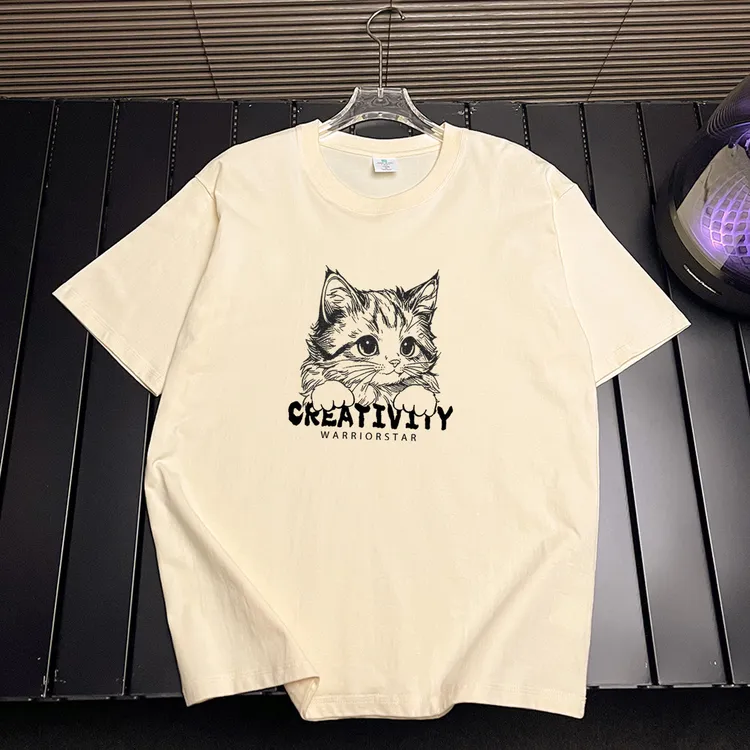 可爱猫咪卡通短袖t恤男女情侣款纯棉潮牌2025宽松半袖杏色夏季ins
