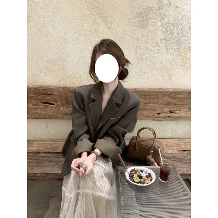 韩系复古廓形设计感撞色毛边西装外套女秋季新款仙气飘飘半身裙潮