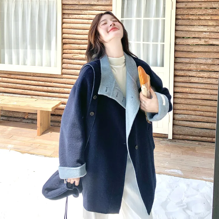 藏蓝色立领双面羊绒外套女冬2025新款韩系高级感显瘦保暖呢子大衣