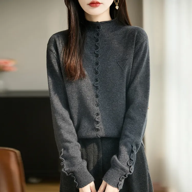 鄂尔斯市纯100羊毛衫女秋冬新款半高领多纽扣纯色毛衣羊绒打底衫