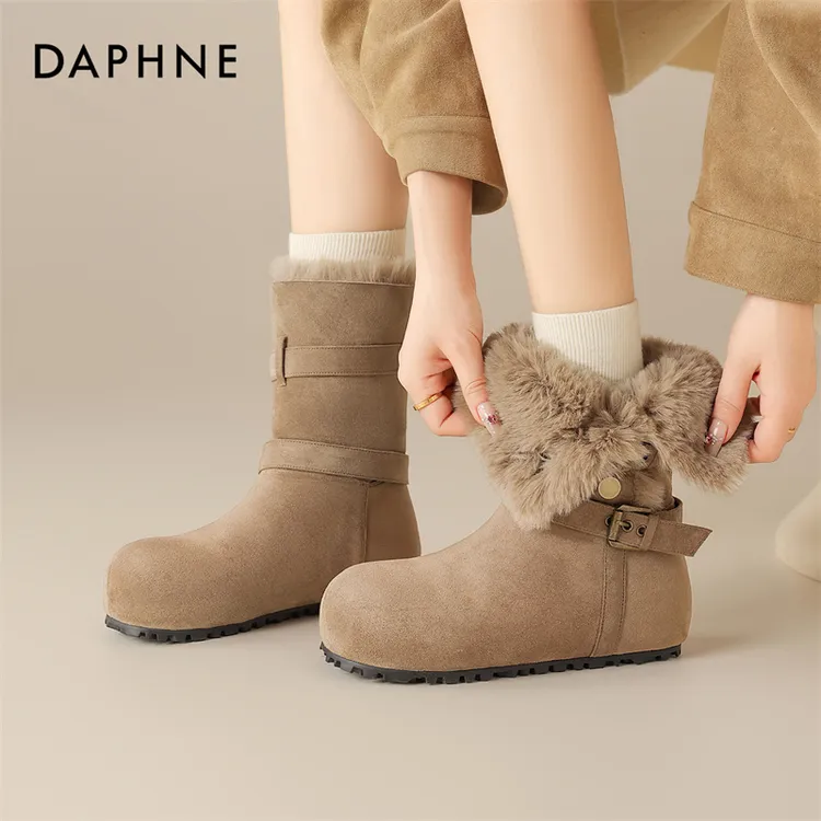 达芙妮新款时尚雪地靴厚底翻毛长筒雪地靴靴子皮毛一体中筒加绒商品图