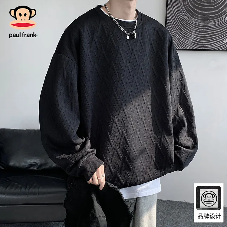 PaulFrank/大嘴猴纯色提花卫衣男款春秋季宽松休闲圆领长袖套头衫