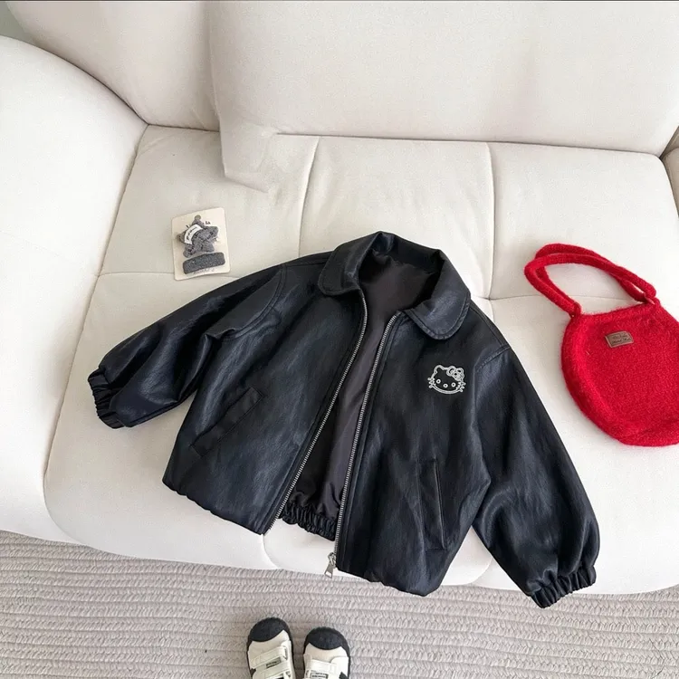 女童韩版皮衣外套春秋季2025新款女宝宝时尚夹克秋装百搭卡通上衣