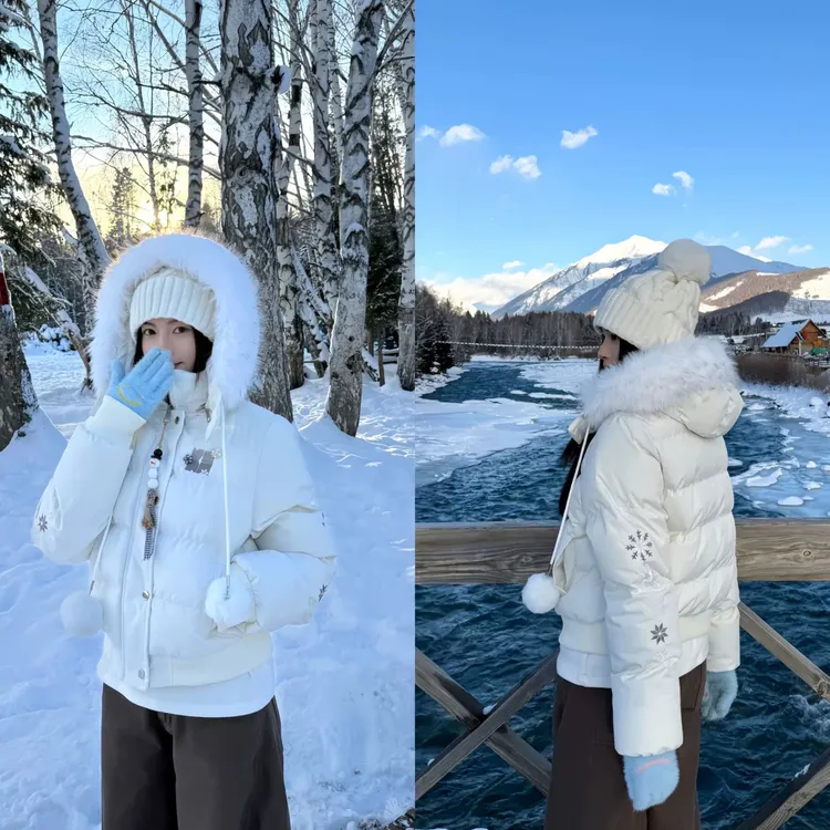 美式复古冬季雪花刺绣毛领连帽加厚棉服女甜美韩版收腰短款棉衣潮