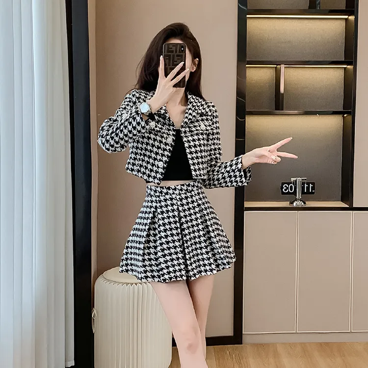 名媛小香风千鸟格粗花呢2025新款小个子气质高级感炸街百褶裙套装