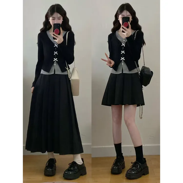 MO88ZSPF大码女装胖mm新款假两件显瘦蝴蝶结上衣+百褶半身裙