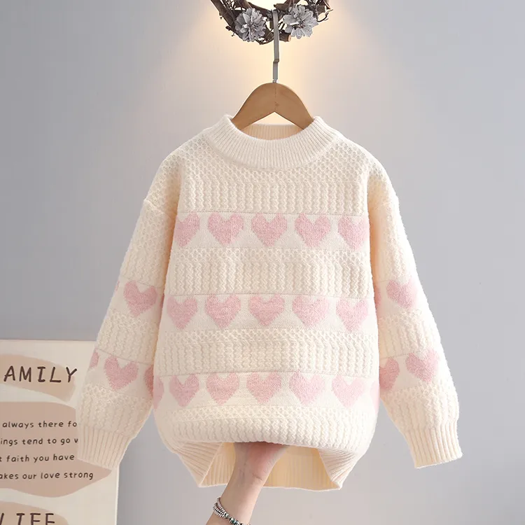 加厚女童毛衣套头2025秋冬心形女孩针织毛衣圆领洋气针织衫中大童
