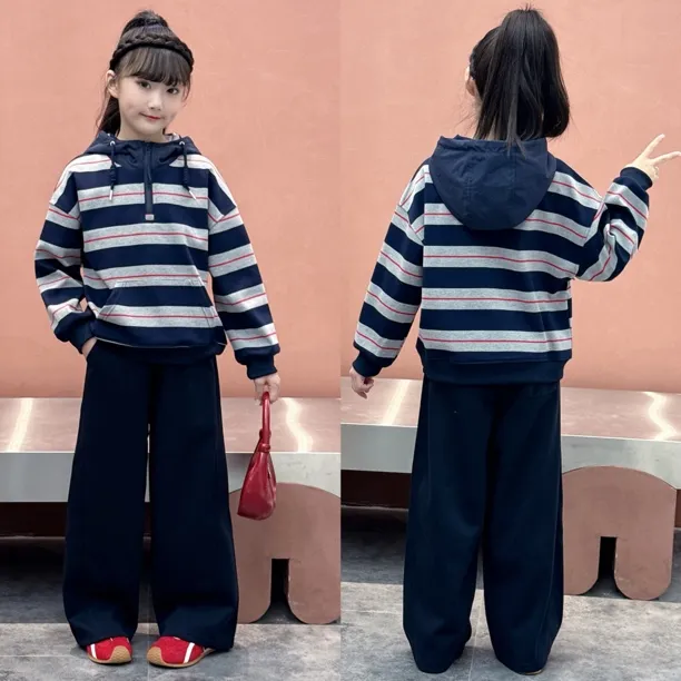 女童2025新款春秋装潮流洋气时髦套装女孩秋季条纹长袖卫衣休闲裤