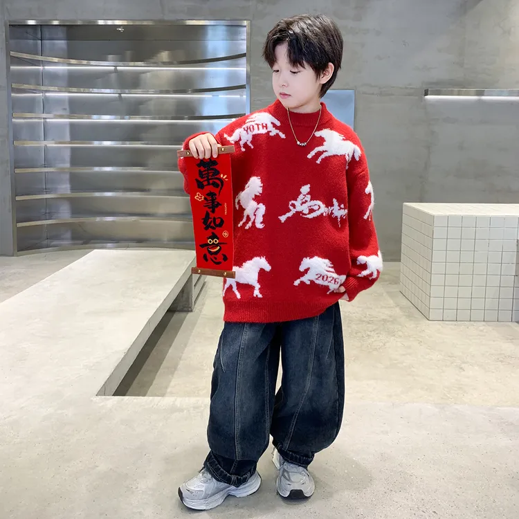 男童红色毛衣秋冬款2025新款儿童本命年中大童男孩休闲马年拜年服