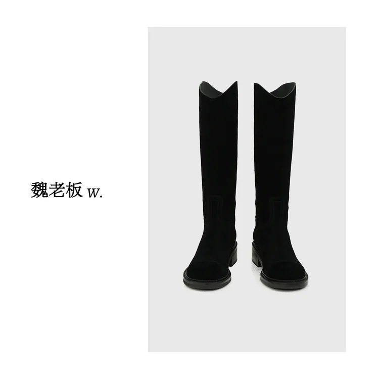 W.Diva【昆仑】春季黑色小香风气质百搭时尚真皮高筒靴3X12C0025