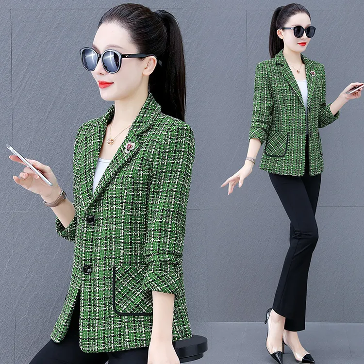 格子西装外套女春秋2023年新款修身外衣秋季女士短款休闲西服