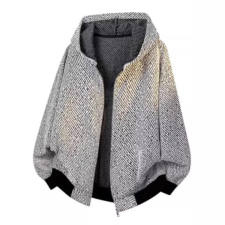 复古风小香男款春秋重磅翻领针织条纹设计感百搭开衫卫衣式外套