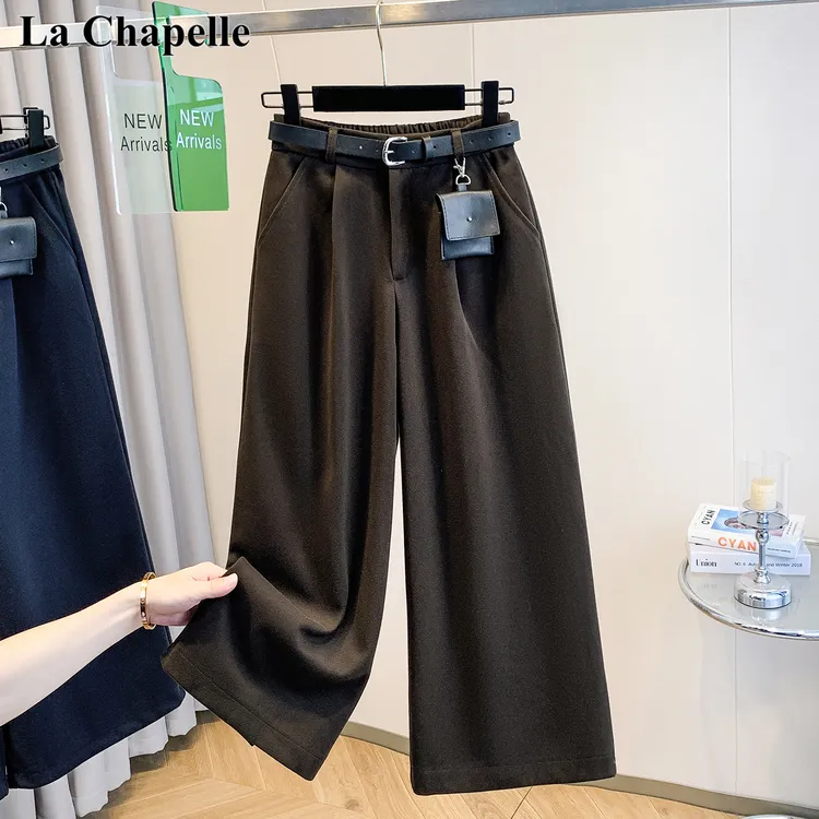 拉夏贝尔秋冬款毛呢阔腿裤女裤2025新款设计感西裤百搭宽松山本裤