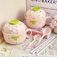 草莓面碗陶瓷大容量带盖饭盒可微波炉用学生宿舍泡面碗上班族专用