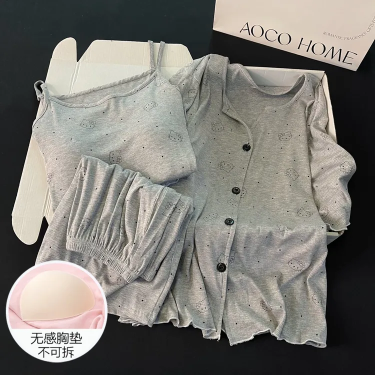 吊带睡衣女夏季带胸垫可外穿凉感大码可外穿灰色kt猫三件套家居服