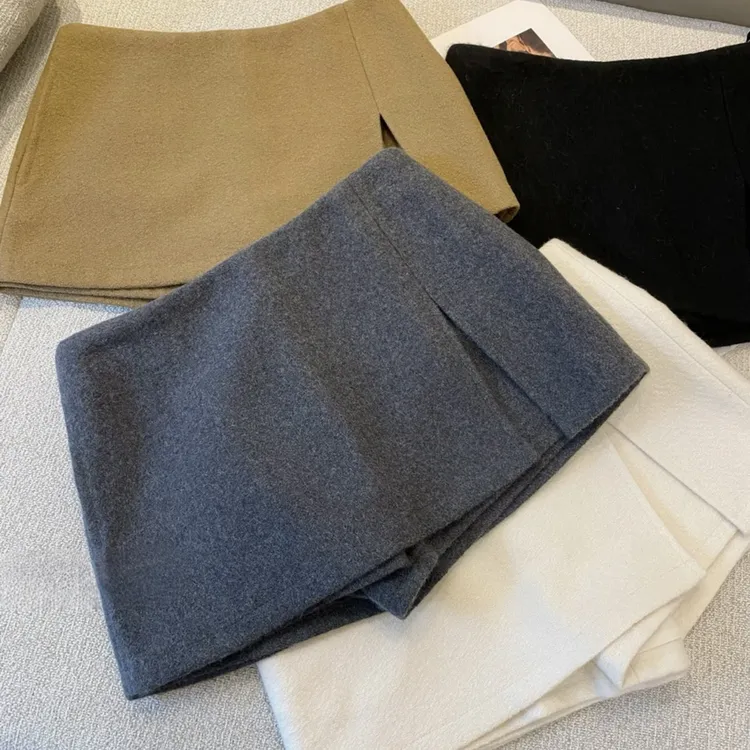 时尚设计感双层开叉毛呢半身裙女秋冬款高腰显瘦防走光A字包臀裙