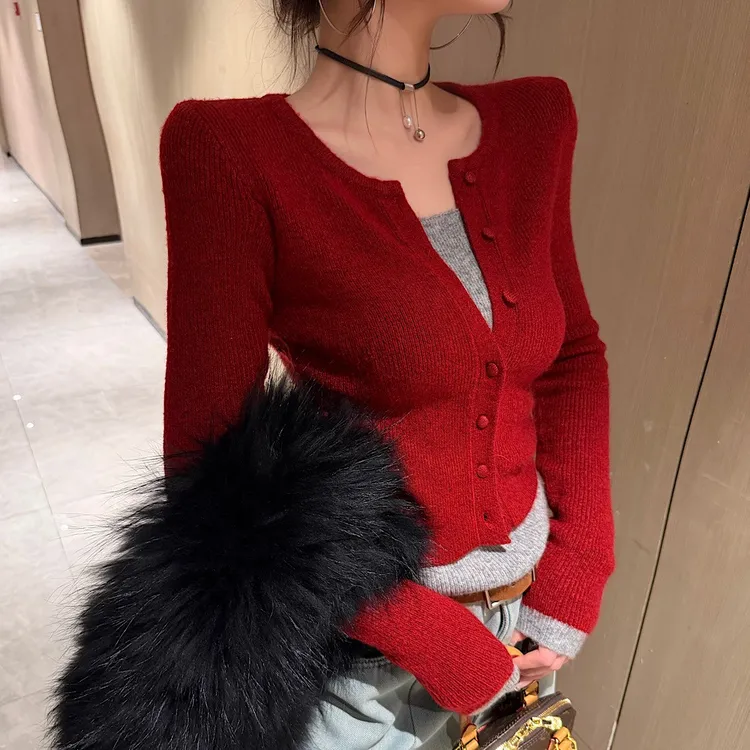 【涵安娜】秋冬新款时尚设计感拼色针织显瘦假两件上衣女