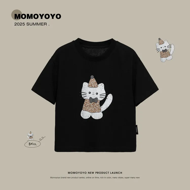 辰辰妈【豹纹小猫】女童夏装豹纹猫咪T恤儿童短袖上衣 8354X