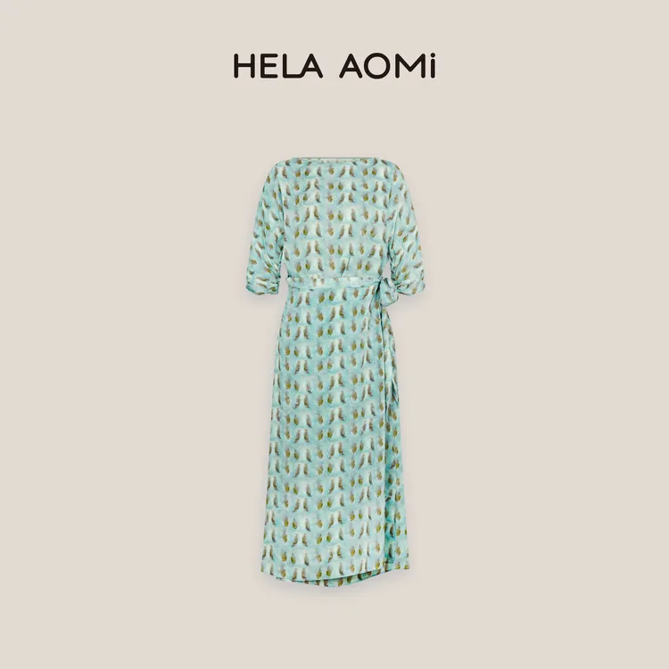 HELA AOMI“盐海夏日”莱赛尔桑蚕丝半袖围裹系带连衣裙CY5BZ72823