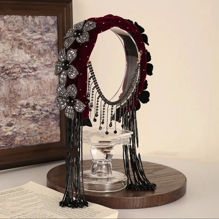 东宫发箍宽边遮发缝立体花朵编织丝绒发饰流苏闪钻异域风情压发箍