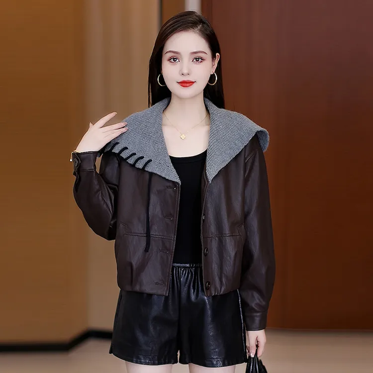 时尚皮衣外套女2025秋季新款设计感洋气毛线海军领短款夹克上衣