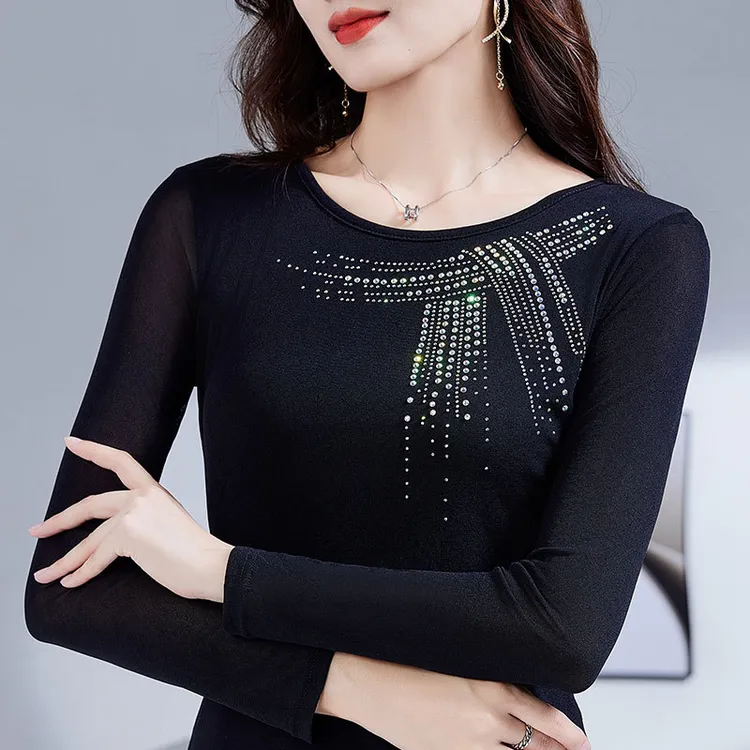 网纱烫钻长袖打底衫2025春秋新款广场舞服装上衣女上衣T恤小衫