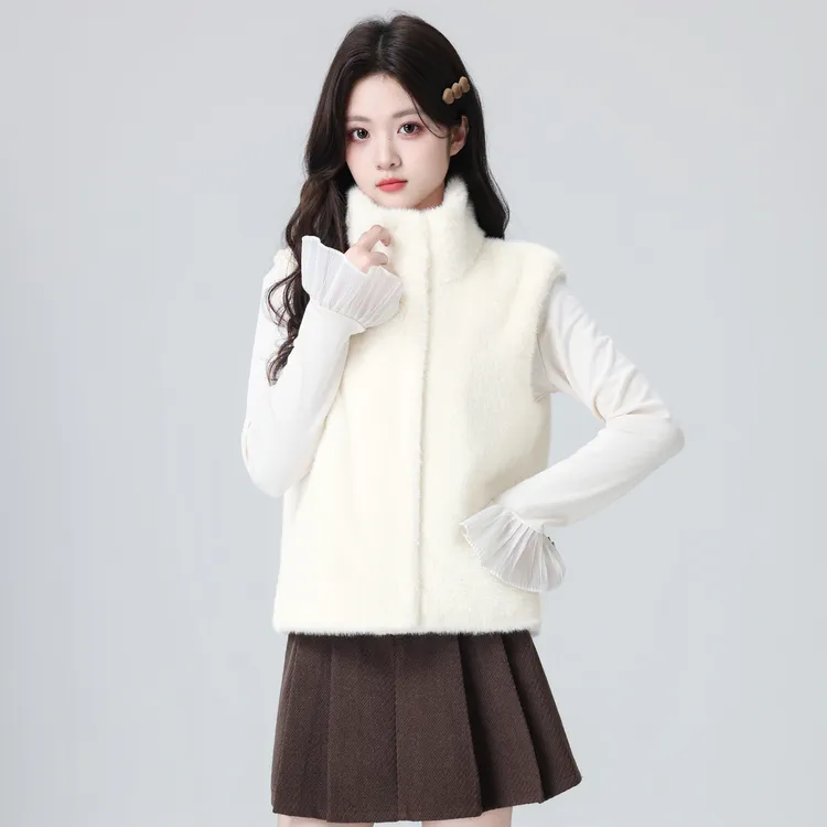 杏色立领马夹外套女2025冬新款仿水貂绒加绒加厚保暖无袖背心上衣